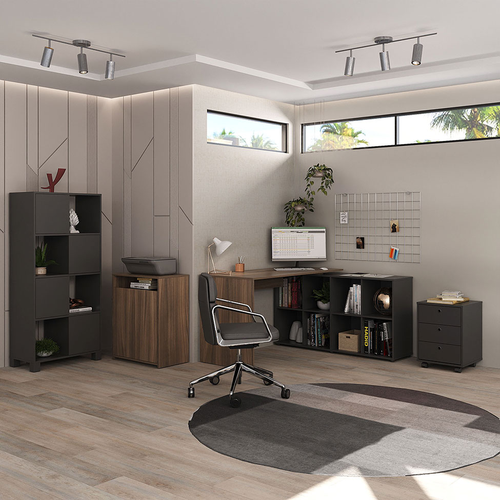 Conjunto de Mesa com Armário de Escritório, Estante e Gaveteiro 6 PT 3 GV Nero Cool Wally New Preto e Ipê