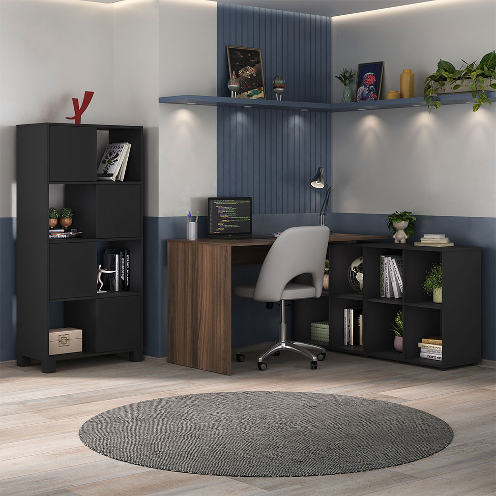 Conjunto de Mesa com Estante de Escritório 4 PT Nero Wally Preto e Ipê