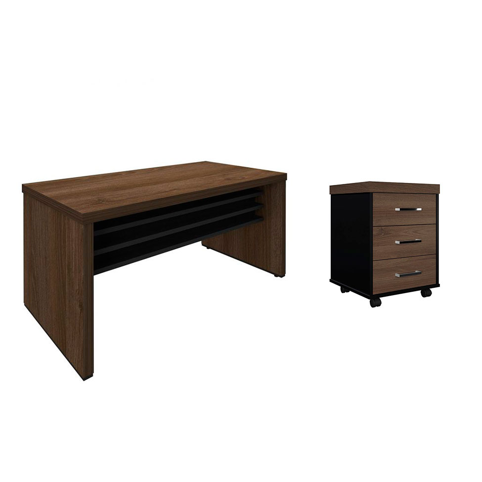 Conjunto de Mesa com Gaveteiro de Escritório Executiva 3 GV Marrom e Preto