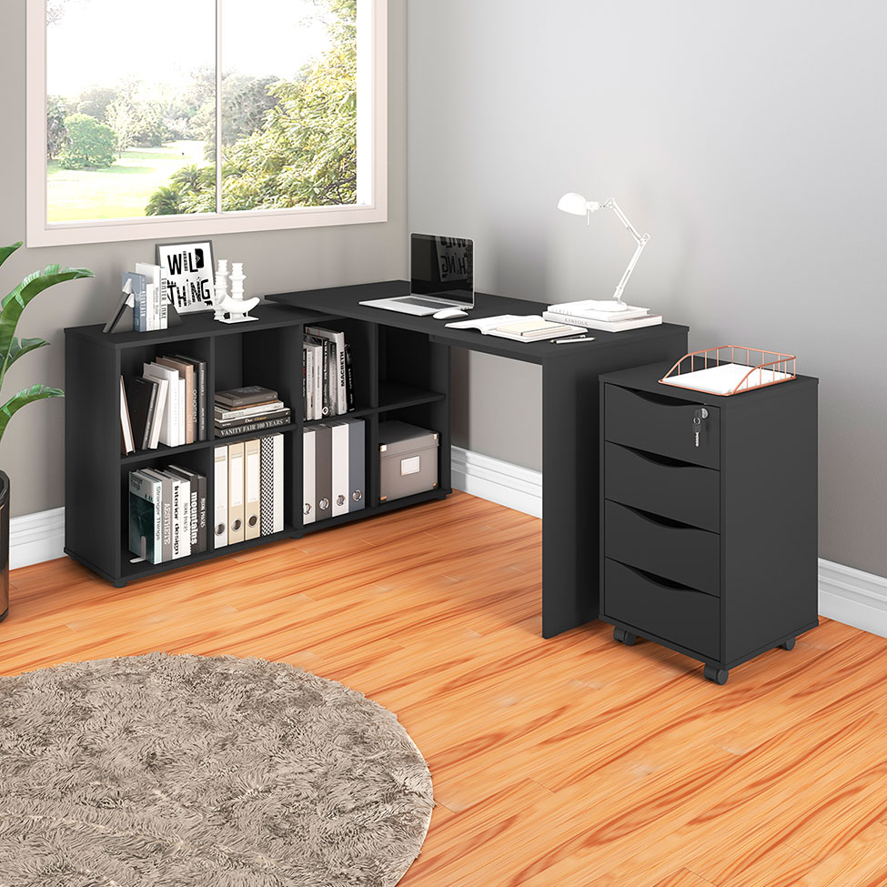 Conjunto de Mesa de Escritório em L e Gaveteiro 4 GV Nero Bit Preto