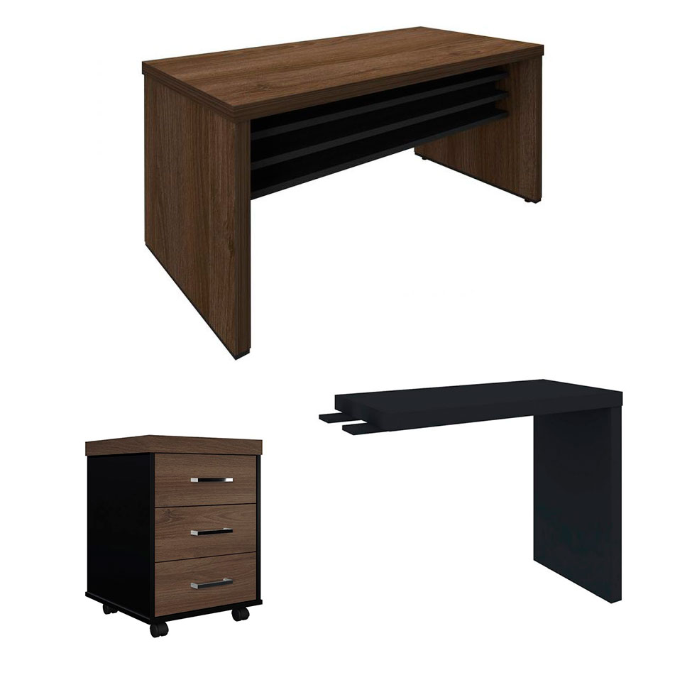 Conjunto de Mesa de Escritório, Gaveteiro e Mesa de Apoio Executiva 3 GV Marrom e Preto
