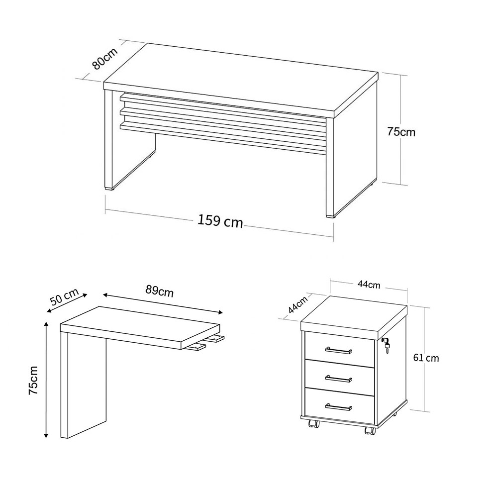 Conjunto de Mesa de Escritório, Gaveteiro e Mesa de Apoio Executiva 3 GV Marrom e Preto