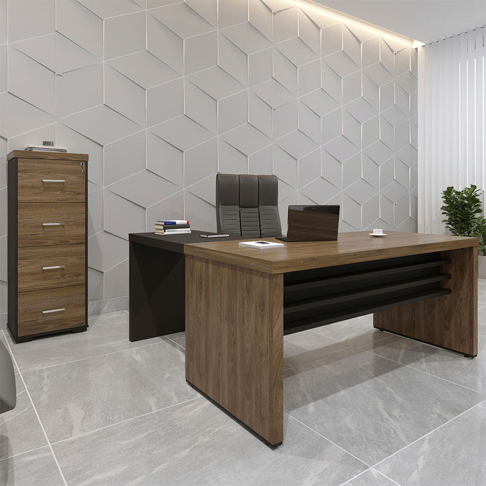 Conjunto de Mesa de Escritório, Gaveteiro e Mesa de Apoio Executiva 4 GV Marrom e Preto