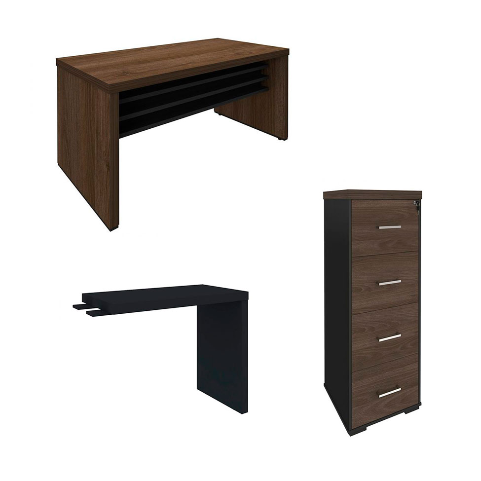 Conjunto de Mesa de Escritório, Gaveteiro e Mesa de Apoio Executiva 4 GV Marrom e Preto