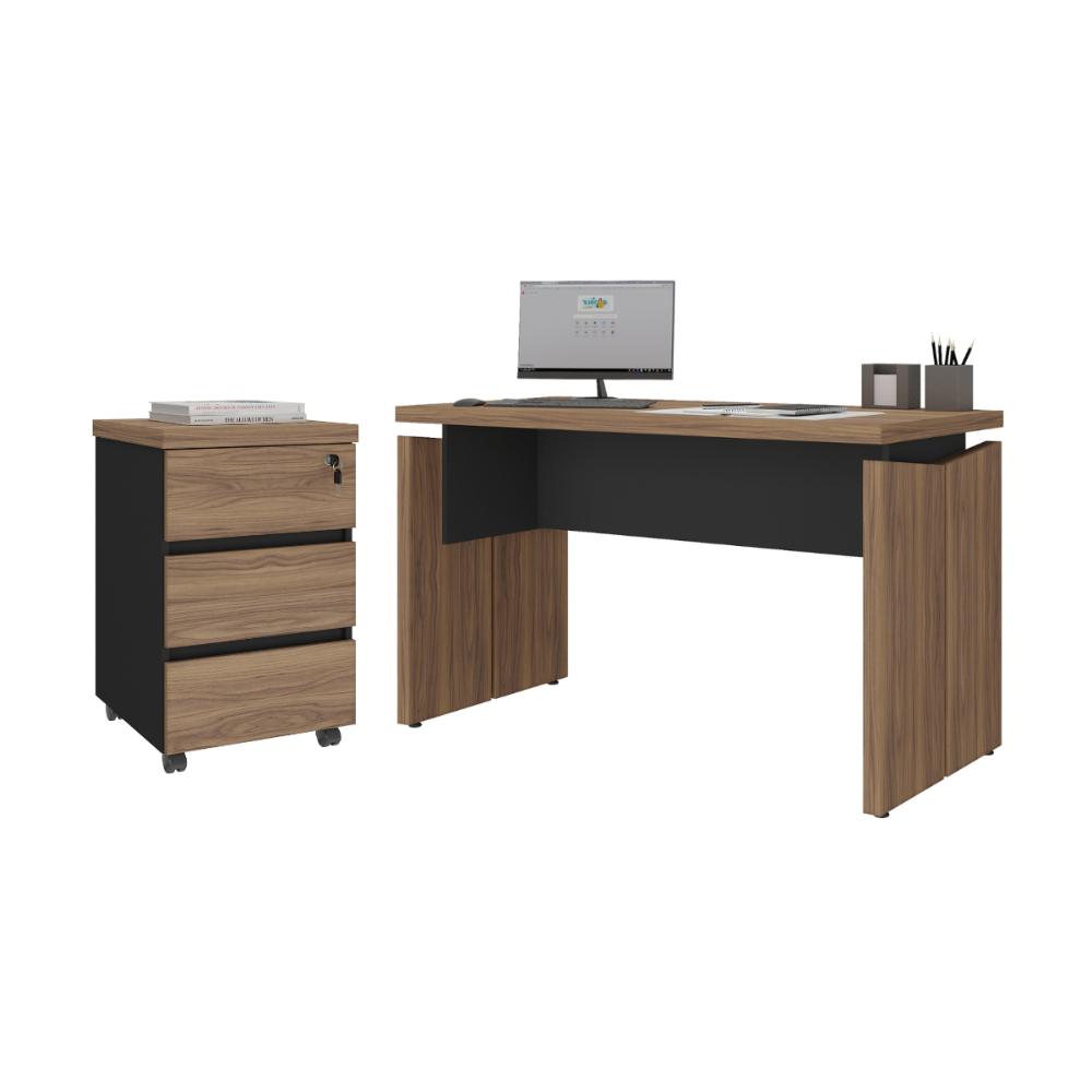 Conjunto de Mesa em L e Gaveteiro Arara Nogal Preto