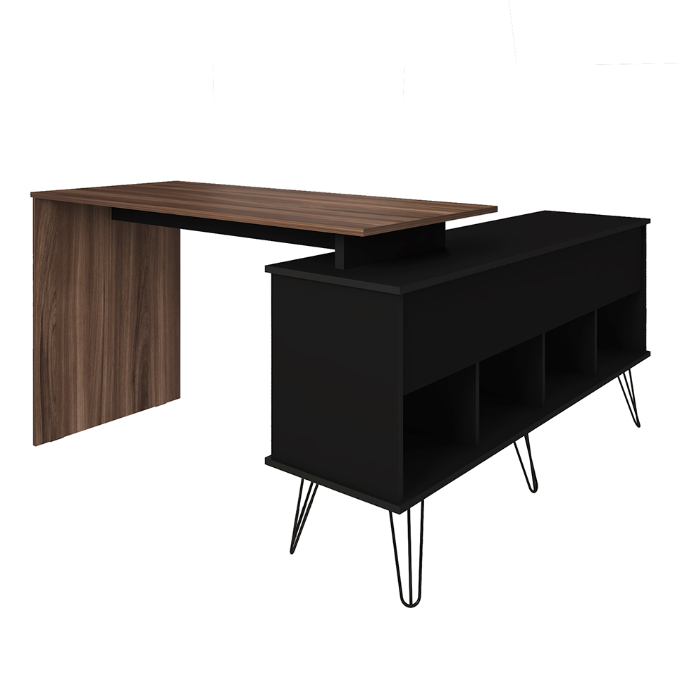 Escrivaninha Em L Artany Dubai - Pé Metal Industrial | Preto Com Ipê