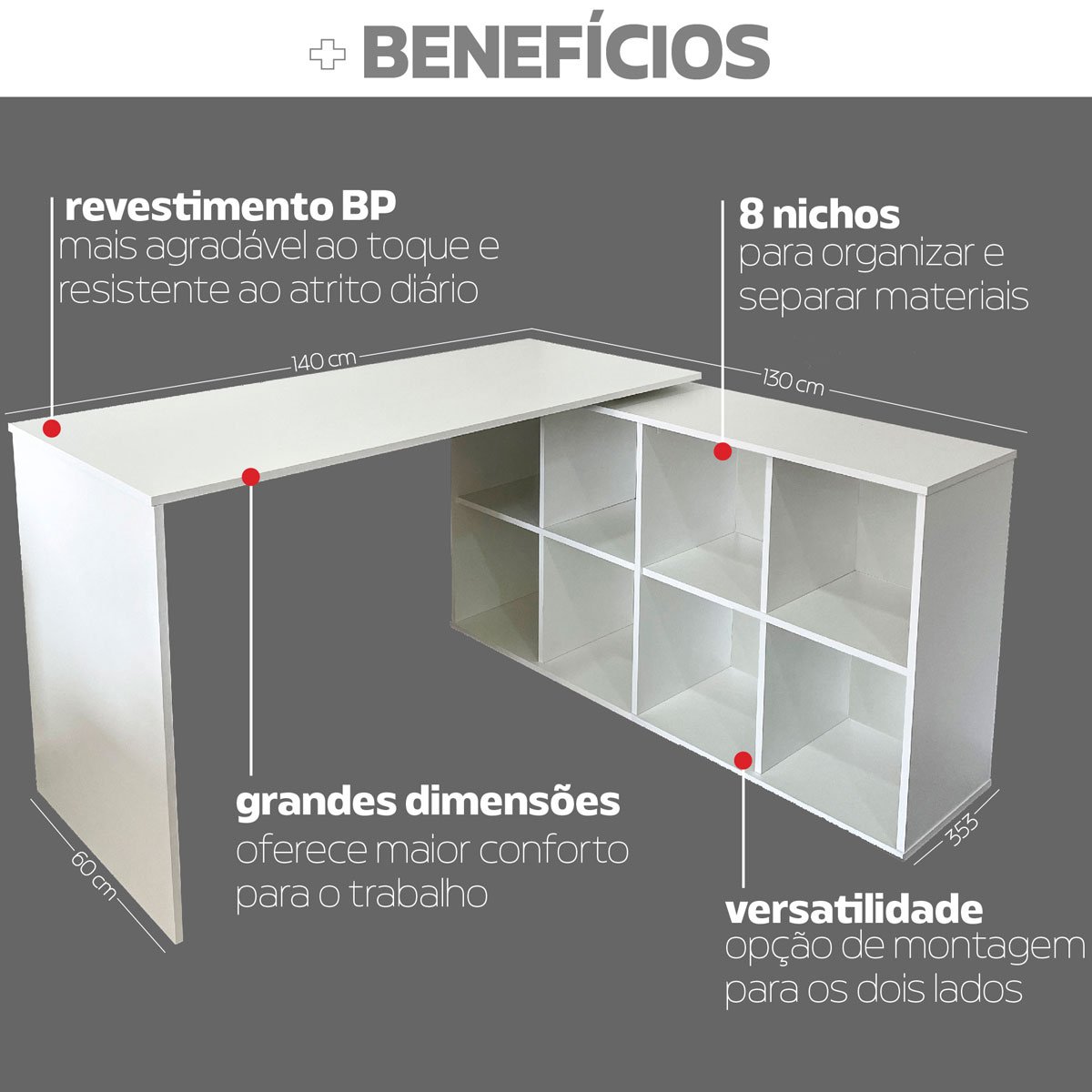 Escrivaninha de Canto Escritório em L Nero MDP 8 Nichos Branco
