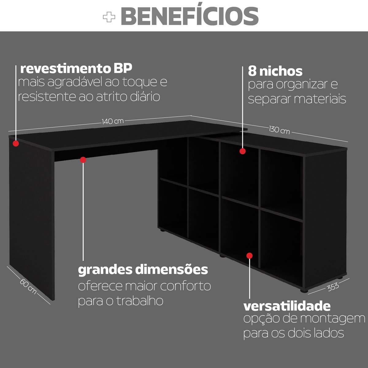 Escrivaninha de Canto Escritório em L Nero MDP 8 Nichos Preto