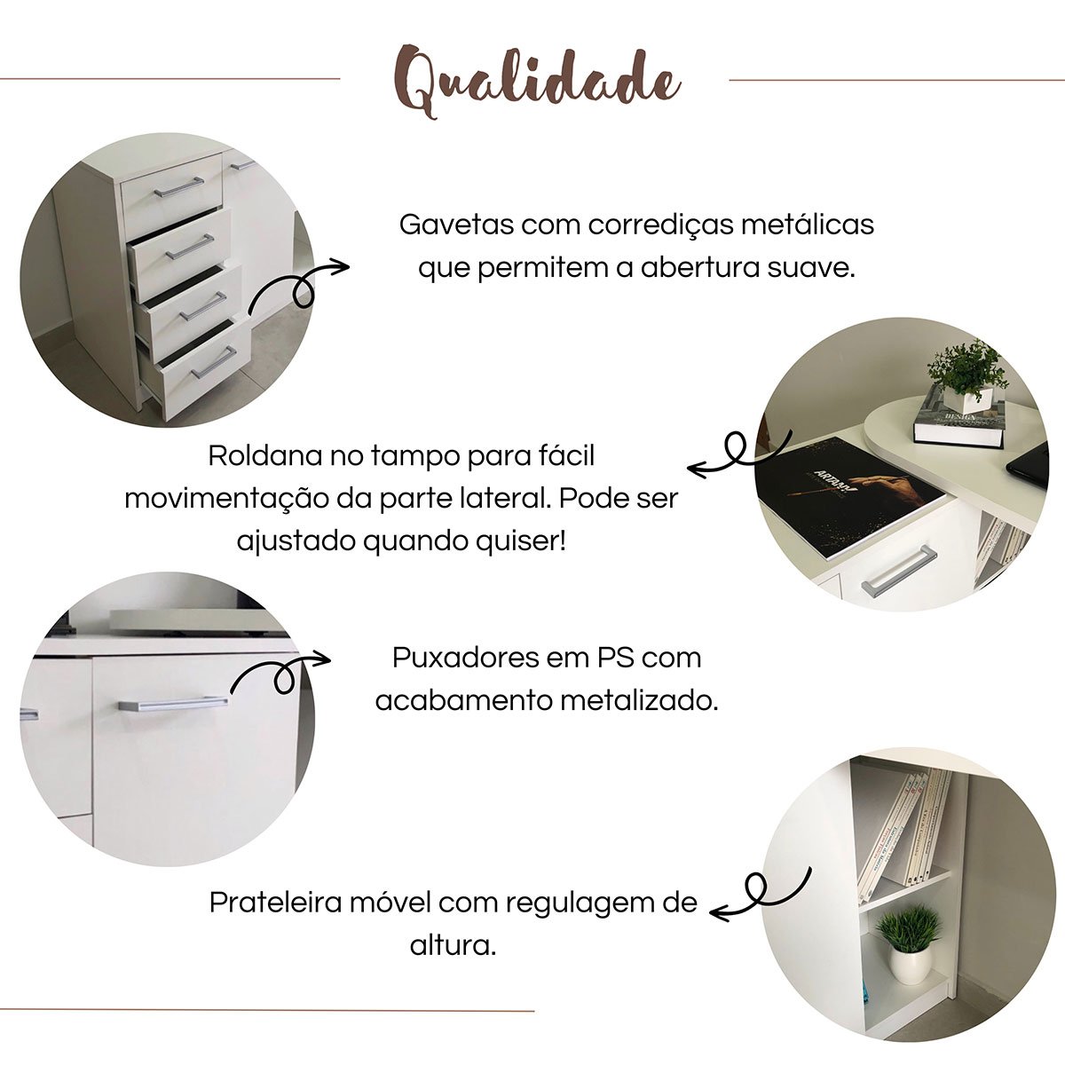Escrivaninha em L com 4 Gavetas 1 Porta e Nicho London Branco
