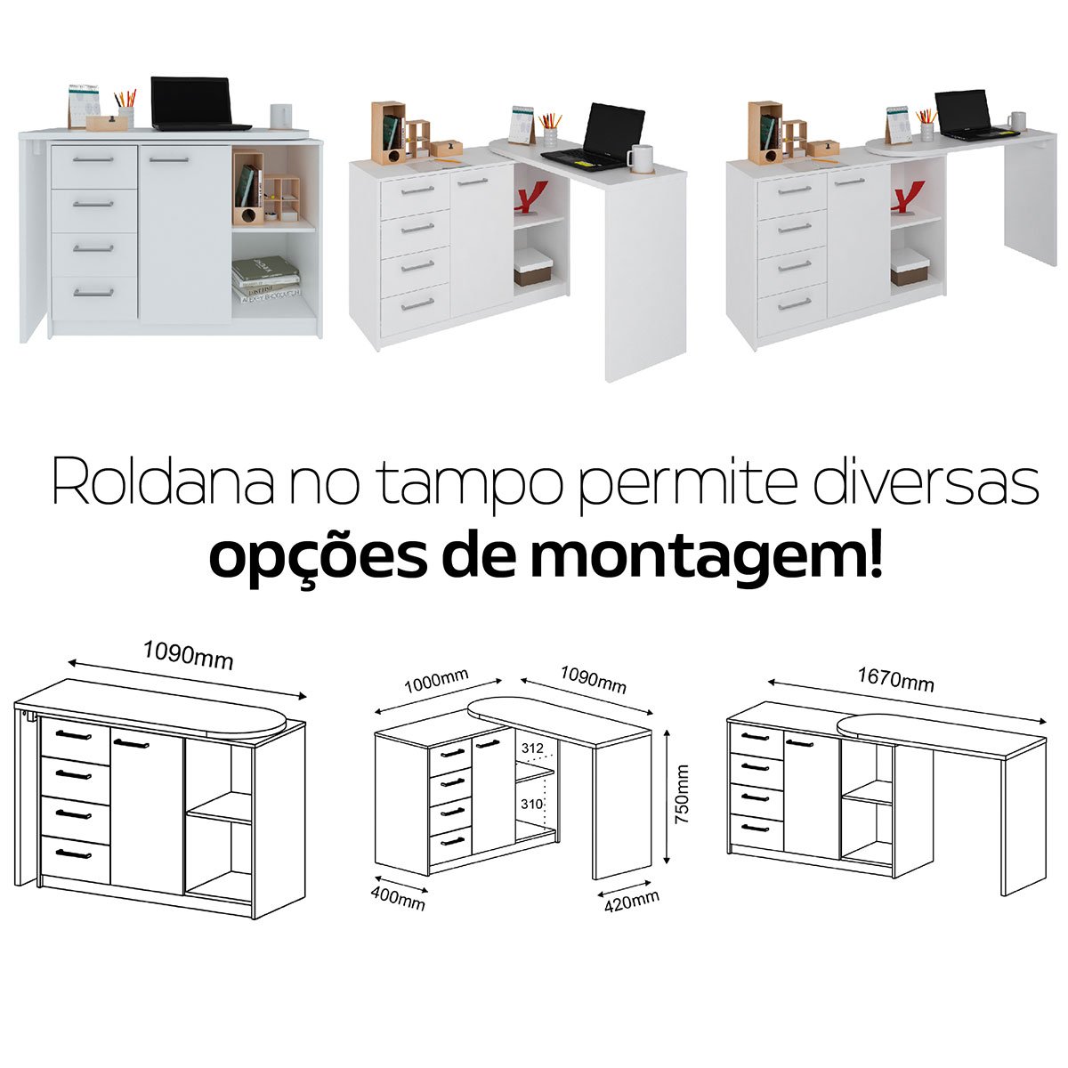 Escrivaninha em L com 4 Gavetas 1 Porta e Nicho London Branco