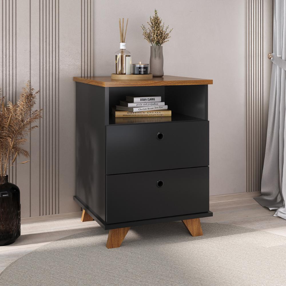 Gaveiteiro com Pés de MDF e 2 Gavetas Tuvalu Marrom Preto