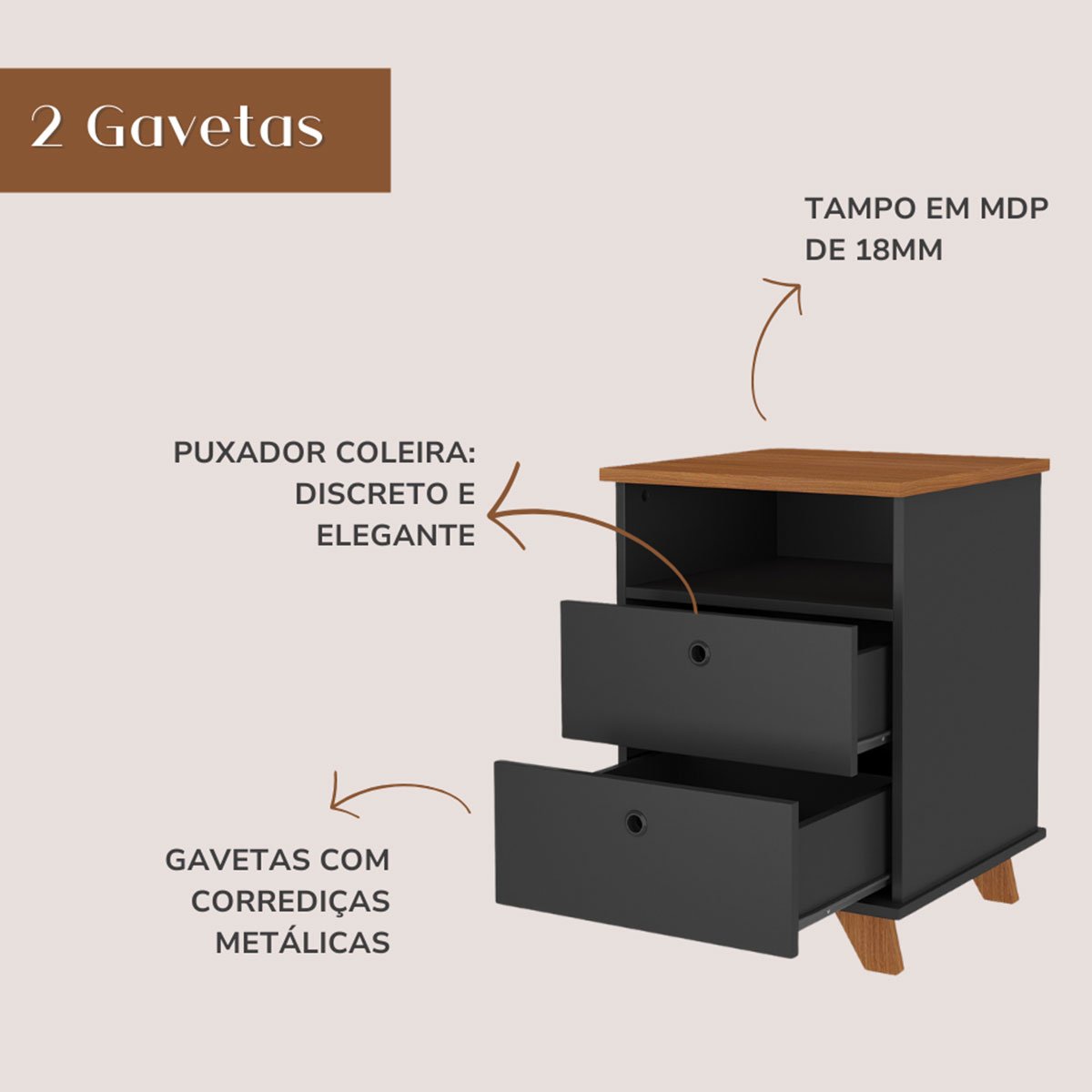Gaveteiro 2 Gavetas com Nicho Pequeno Daya Freijó/Preto