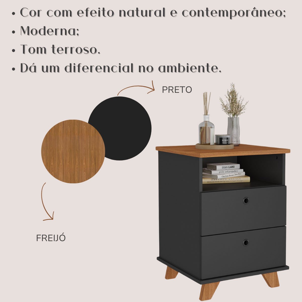 Gaveteiro 2 Gavetas com Nicho Pequeno Daya Freijó/Preto