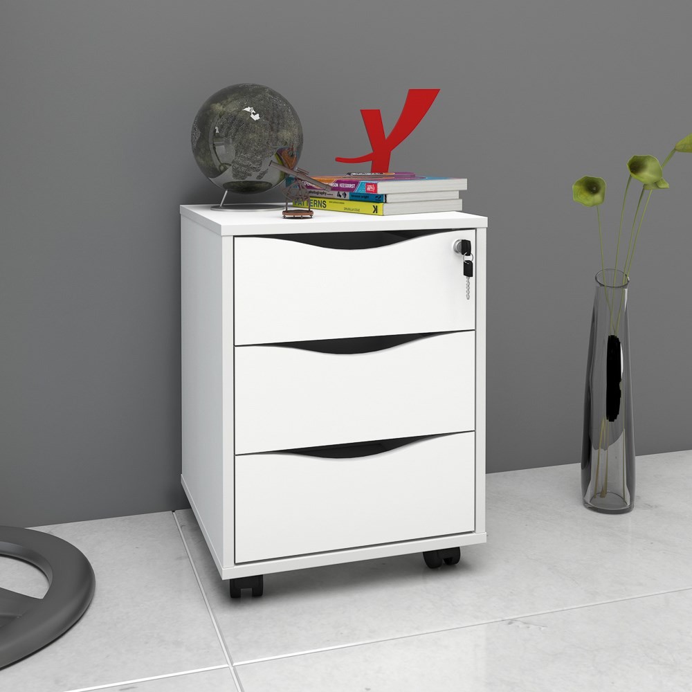 Gaveteiro 3 Gavetas Pés Rodízios Mobile Face Branco - Artany