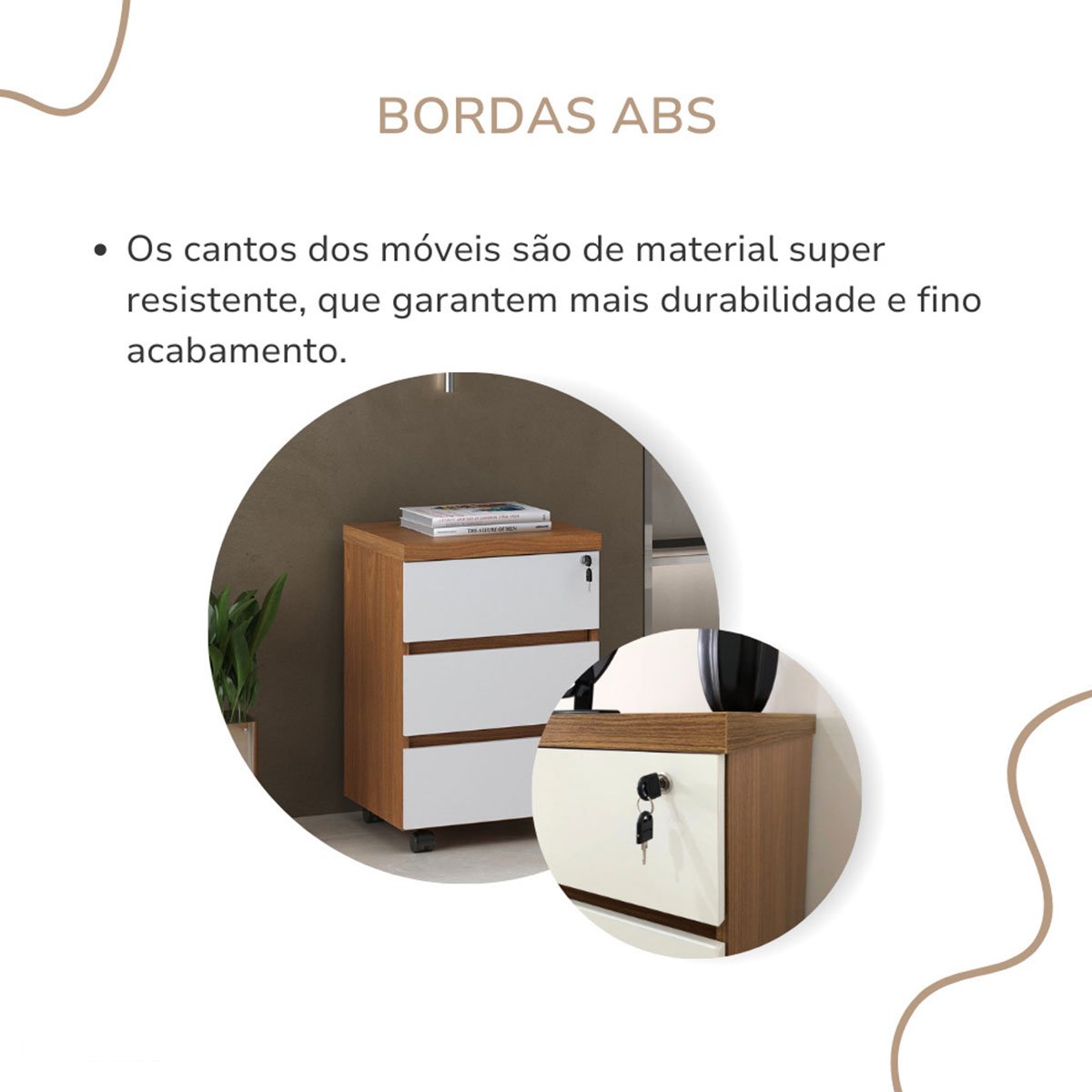 Gaveteiro para Escritório 3 Gavetas com Chave e Rodízios Freijó/Branco