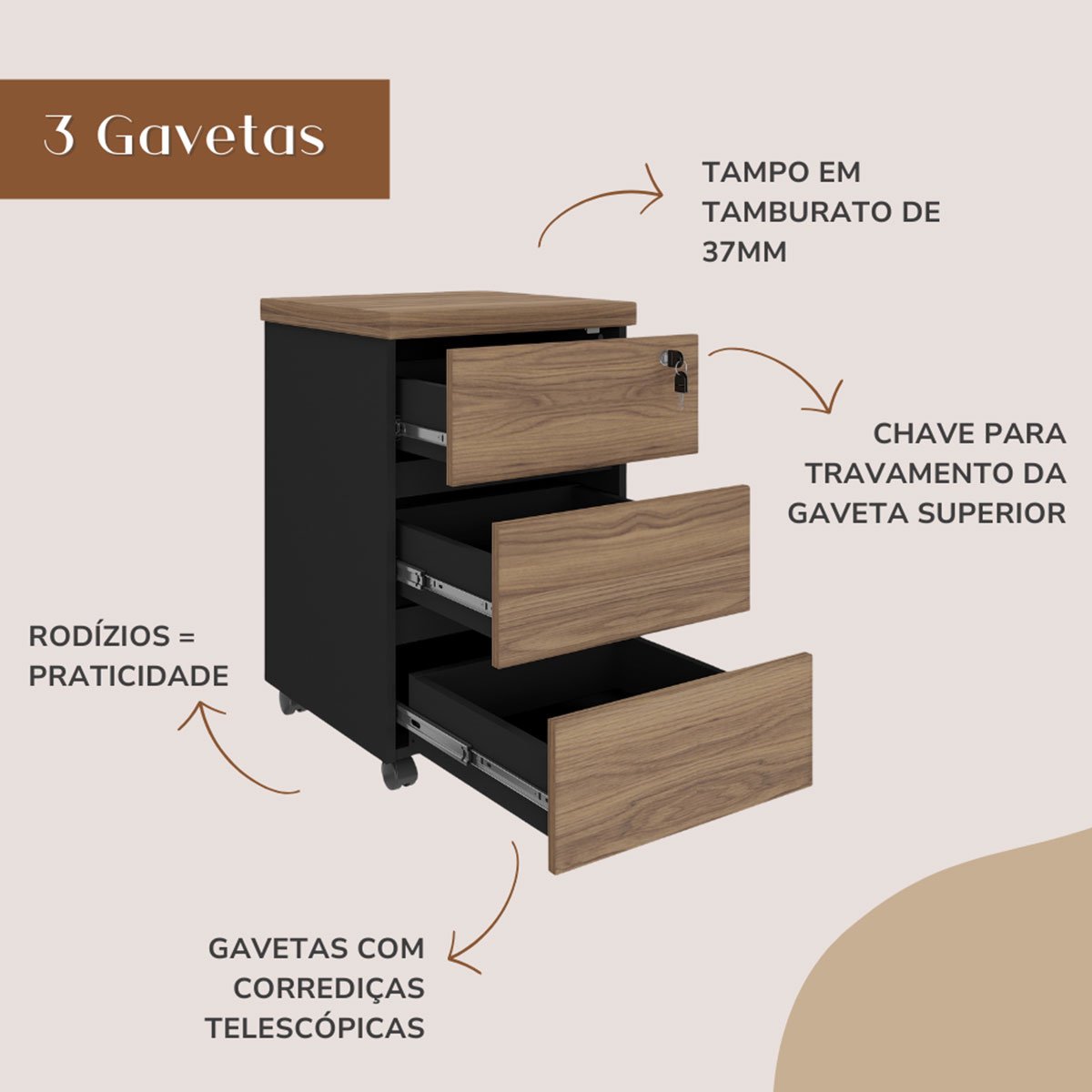 Gaveteiro para Escritório 3 Gavetas com Chave e Rodízios Nogal/Preto