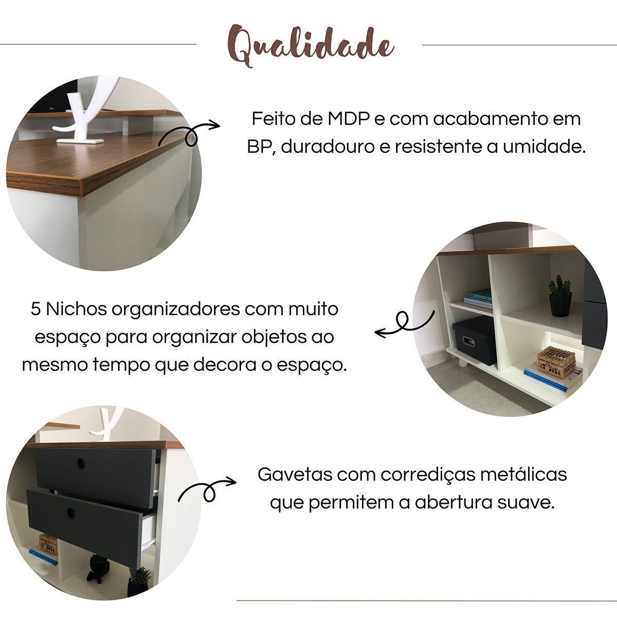 Mesa Escrivaninha 2 Gavetas com Nichos em L Golden Freijó/Grafito/Branco