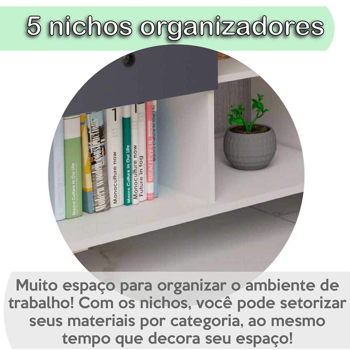 Mesa Escrivaninha 2 Gavetas com Nichos em L Golden Freijó/Grafito/Branco