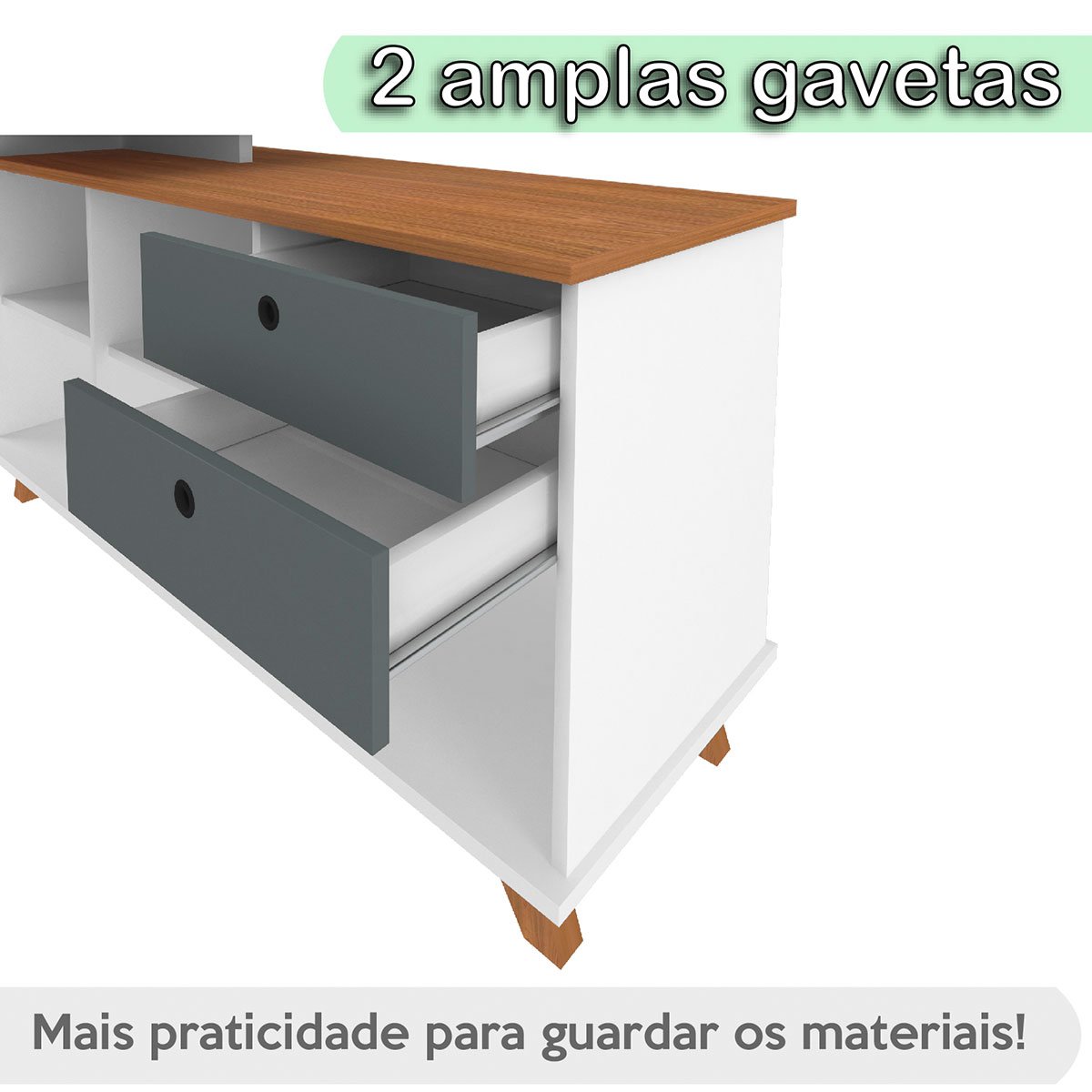 Mesa Escrivaninha 2 Gavetas com Nichos em L Golden Freijó/Grafito/Branco
