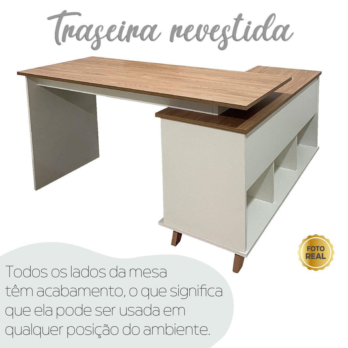 Mesa Escrivaninha 2 Gavetas com Nichos em L Golden Olmo/Branco