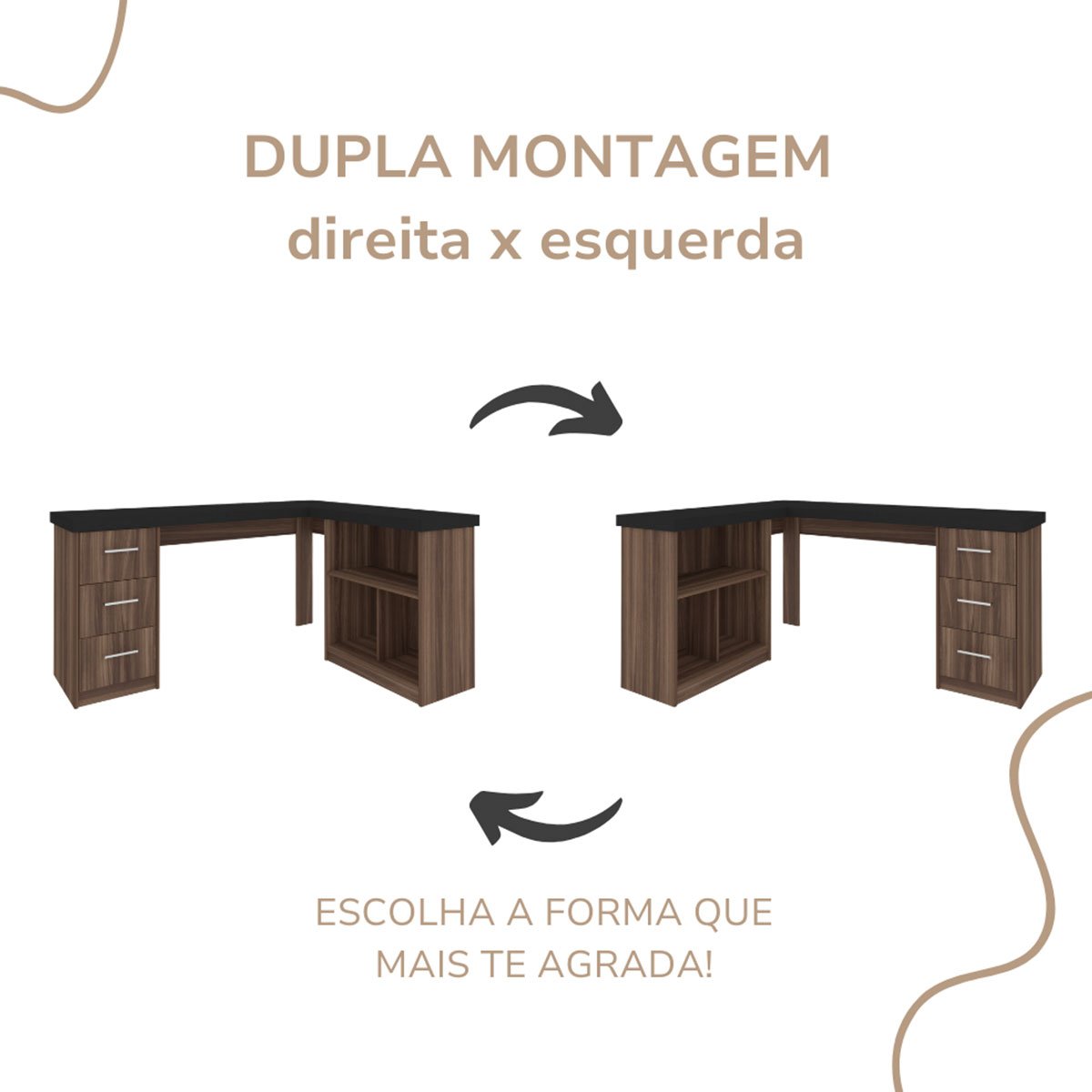 Mesa Escrivaninha 3 Gavetas com Nichos em L Marilu Ipê/Preto