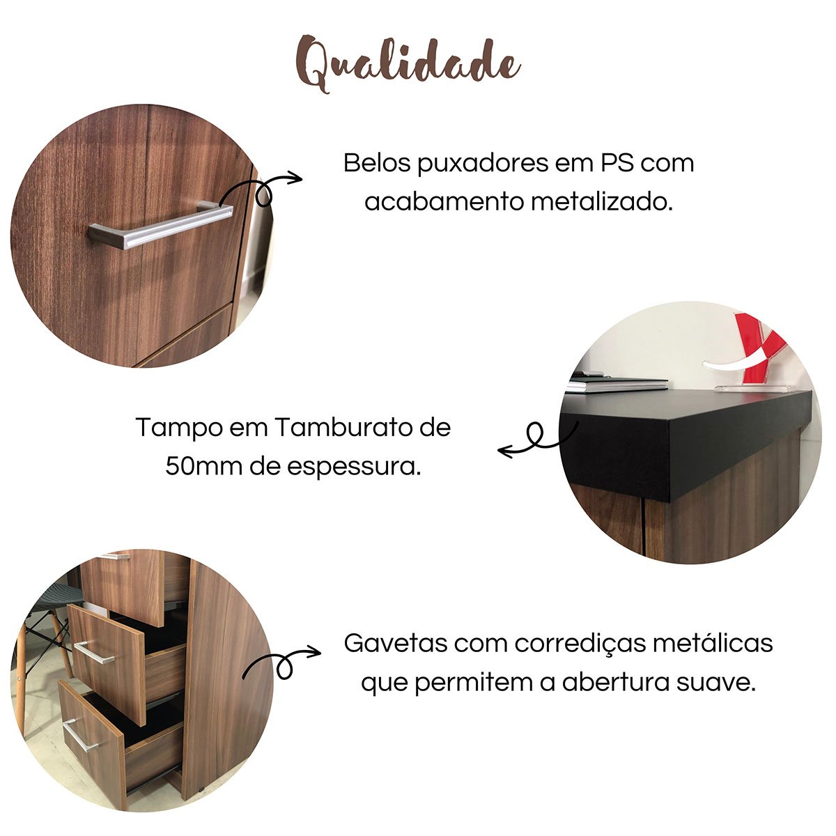 Mesa Escrivaninha 3 Gavetas com Nichos em L Marilu Ipê/Preto