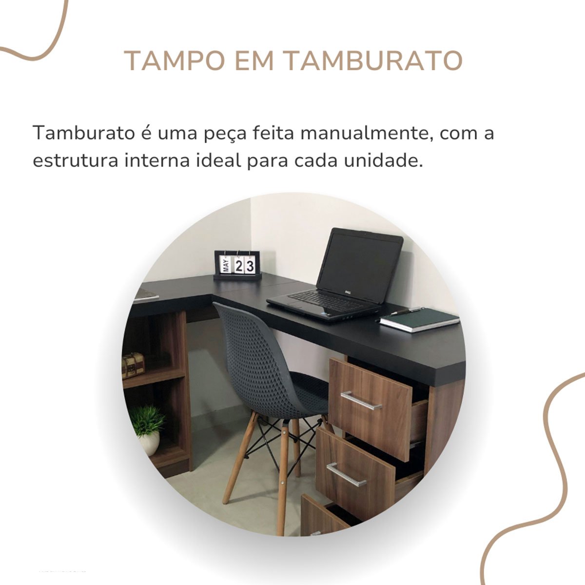 Mesa Escrivaninha 3 Gavetas com Nichos em L Marilu Ipê/Preto