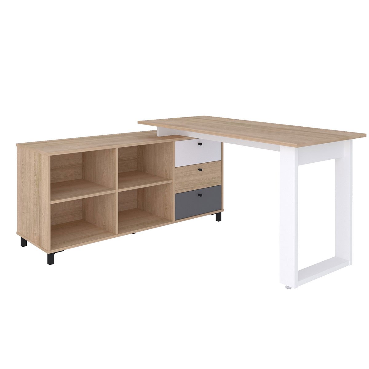 Mesa Escrivaninha em L com 3 Gavetas e Nichos Nexos Carvalho/Branco/Grafito