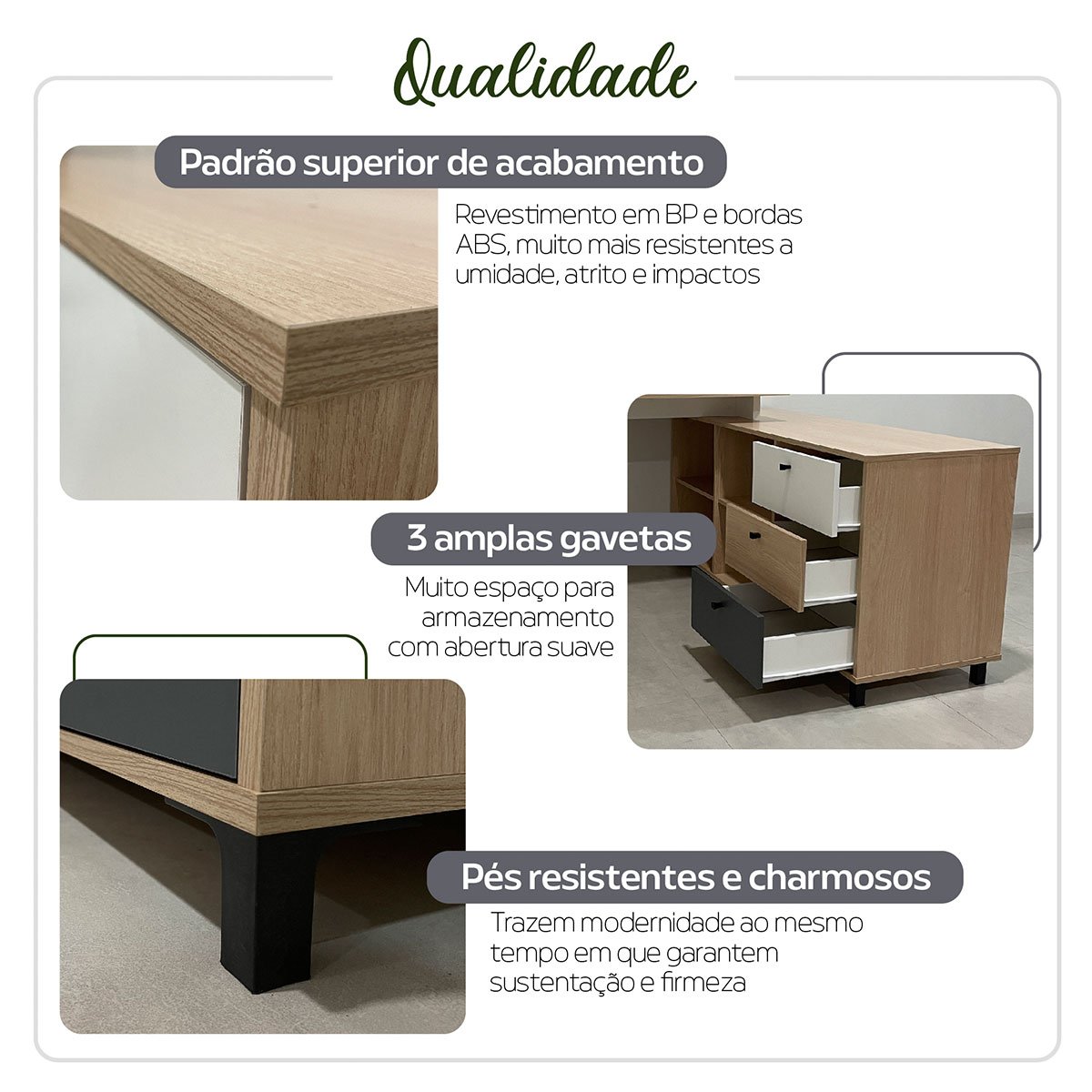 Mesa Escrivaninha em L com 3 Gavetas e Nichos Nexos Carvalho/Branco/Grafito