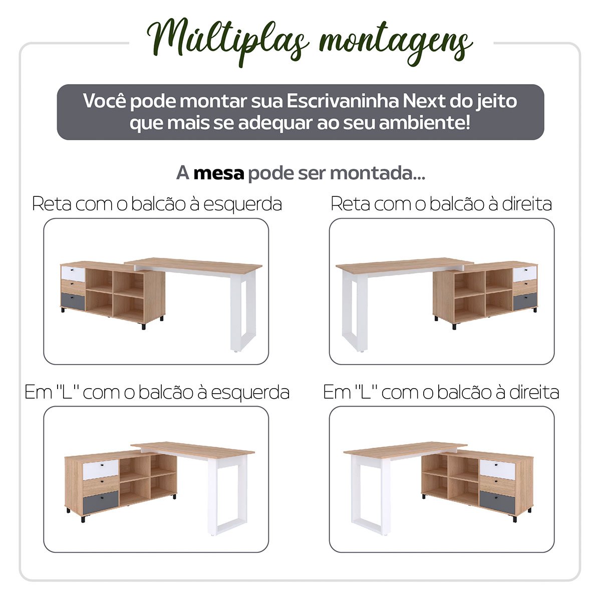 Mesa Escrivaninha em L com 3 Gavetas e Nichos Nexos Carvalho/Branco/Grafito