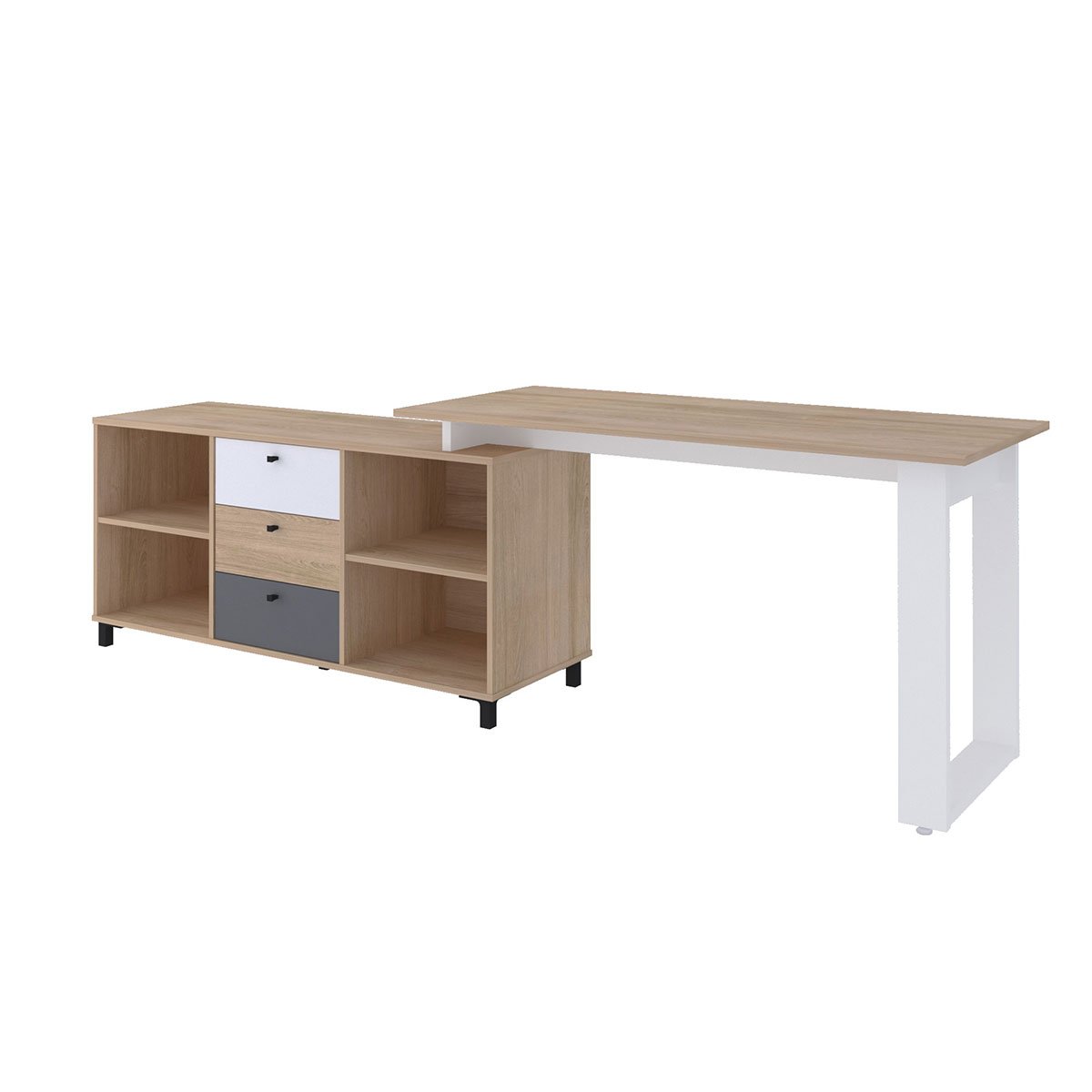 Mesa Escrivaninha em L com 3 Gavetas e Nichos Nexos Carvalho/Branco/Grafito