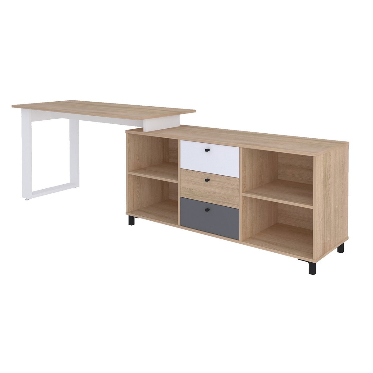 Mesa Escrivaninha em L com 3 Gavetas e Nichos Nexos Carvalho/Branco/Grafito