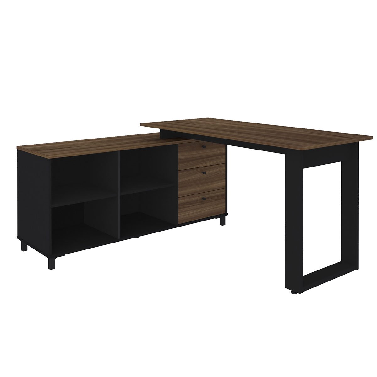 Mesa Escrivaninha em L com 3 Gavetas e Nichos Nexos Ipê/Preto