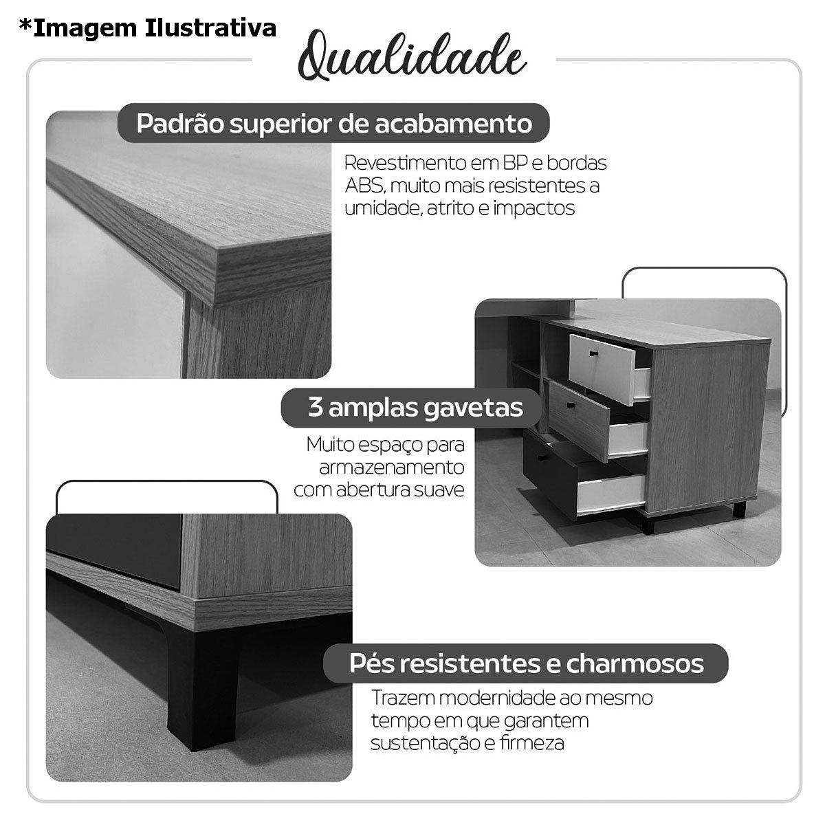 Mesa Escrivaninha em L com 3 Gavetas e Nichos Nexos Ipê/Preto