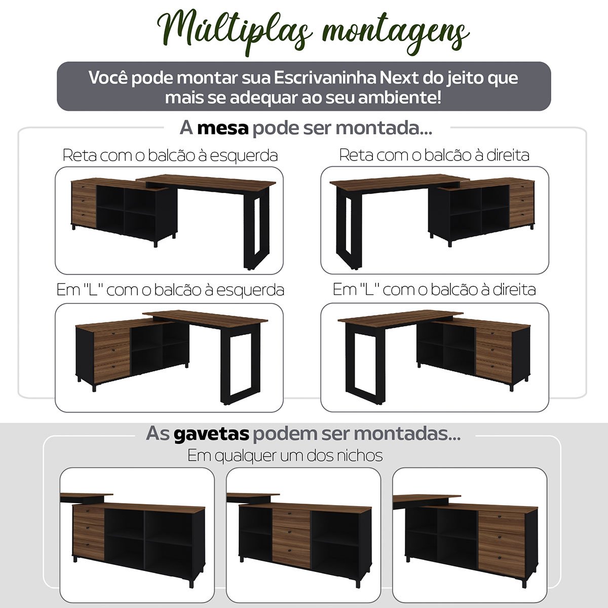Mesa Escrivaninha em L com 3 Gavetas e Nichos Nexos Ipê/Preto