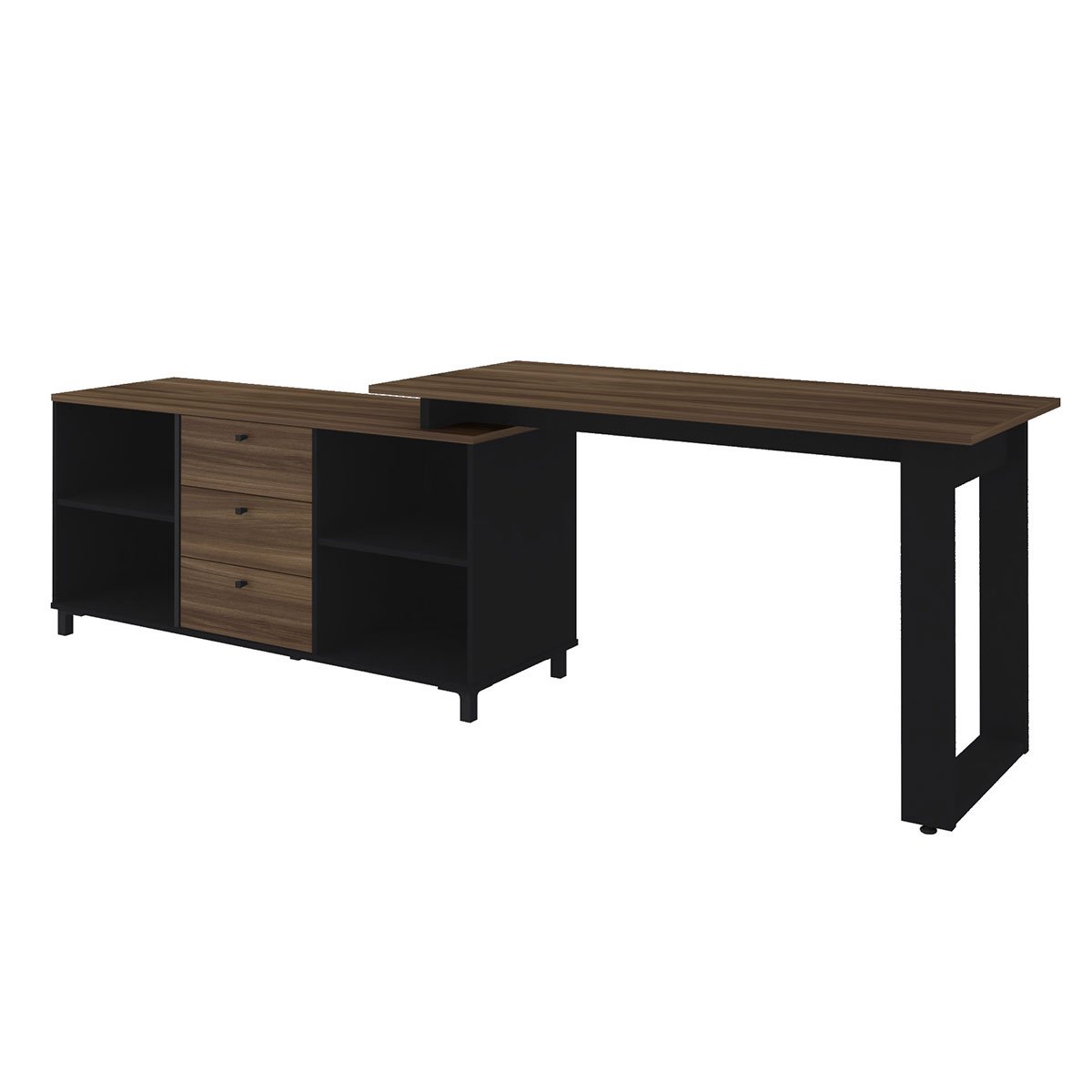 Mesa Escrivaninha em L com 3 Gavetas e Nichos Nexos Ipê/Preto