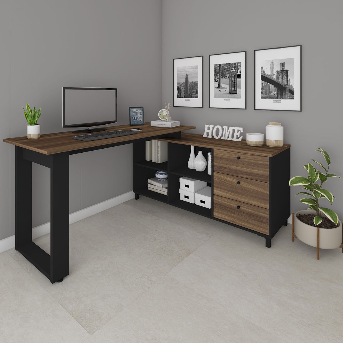 Mesa Escrivaninha em L com 3 Gavetas e Nichos Nexos Ipê/Preto