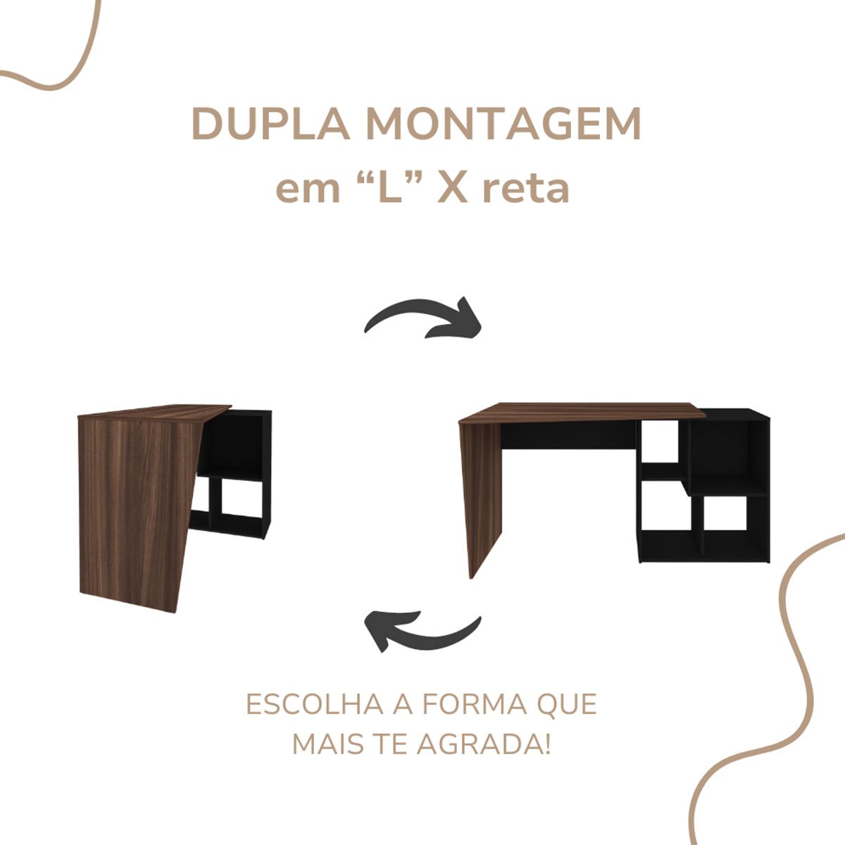 Mesa Escrivaninha em L com Nichos Duran Ipê/Preto