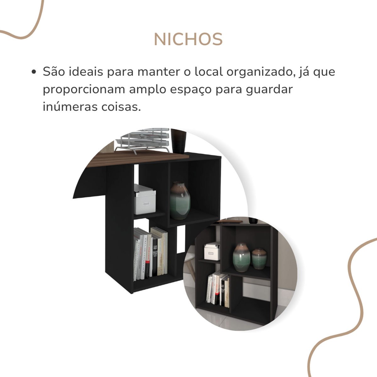 Mesa Escrivaninha em L com Nichos Duran Ipê/Preto