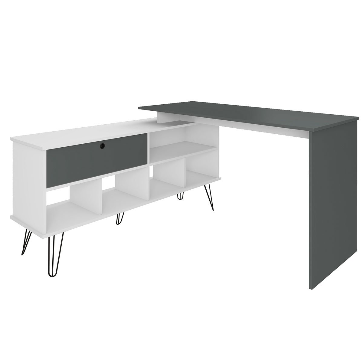 Mesa Escrivaninha em L com Porta e 6 Nichos Hawaii Branco/Grafito