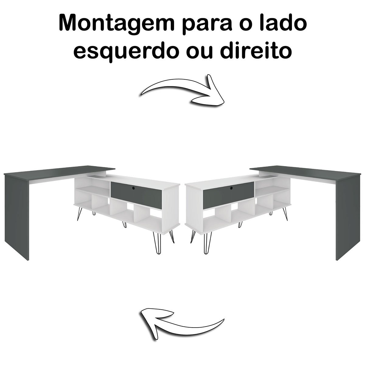 Mesa Escrivaninha em L com Porta e 6 Nichos Hawaii Branco/Grafito