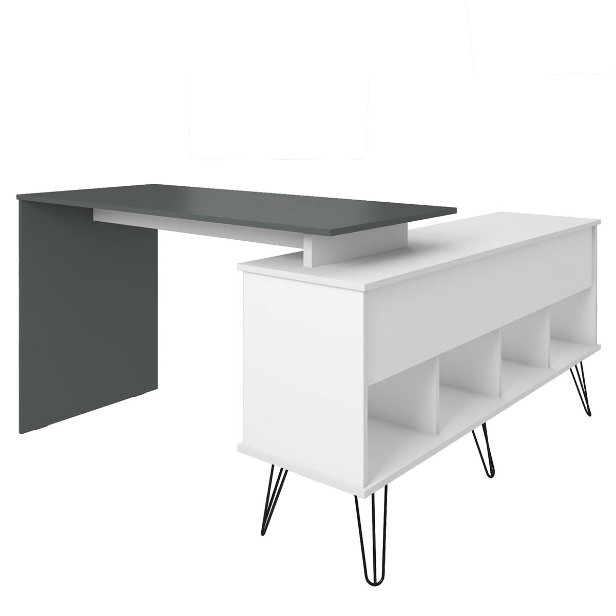 Mesa Escrivaninha em L com Porta e 6 Nichos Hawaii Branco/Grafito