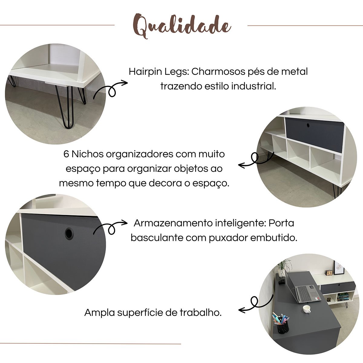 Mesa Escrivaninha em L com Porta e 6 Nichos Hawaii Branco/Grafito