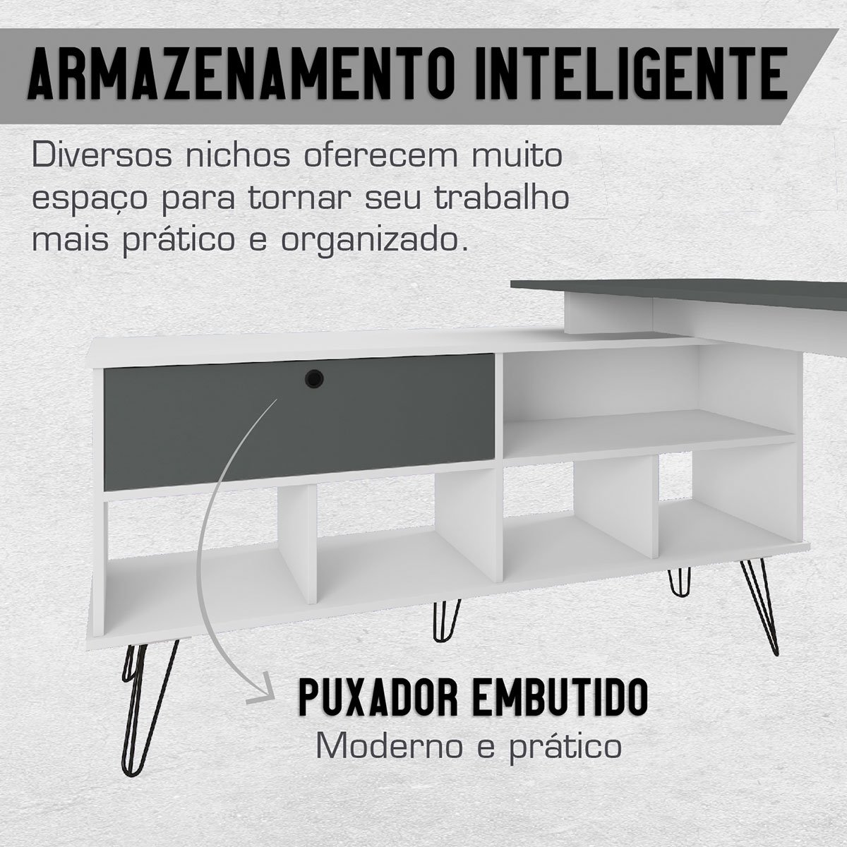 Mesa Escrivaninha em L com Porta e 6 Nichos Hawaii Branco/Grafito