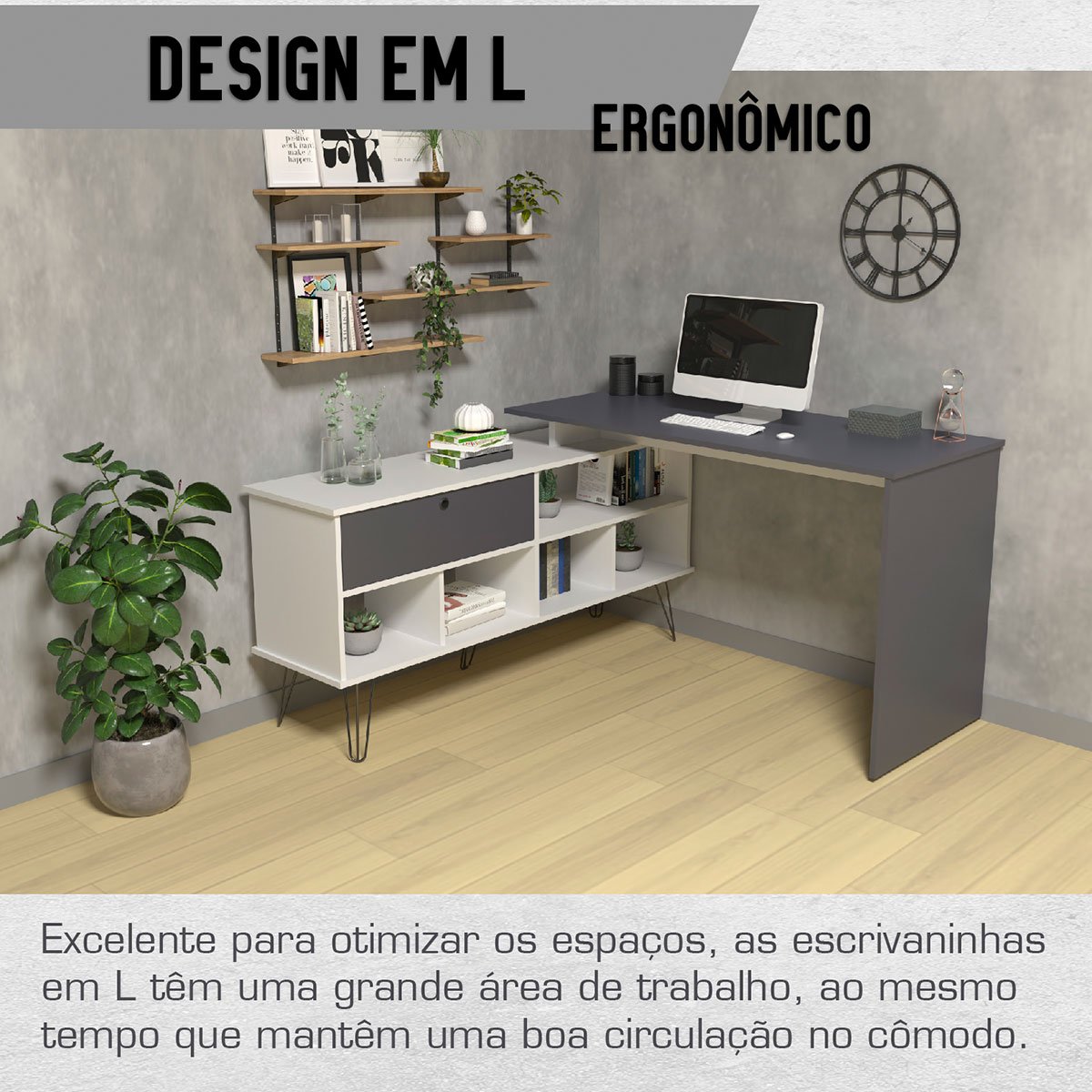 Mesa Escrivaninha em L com Porta e 6 Nichos Hawaii Branco/Grafito