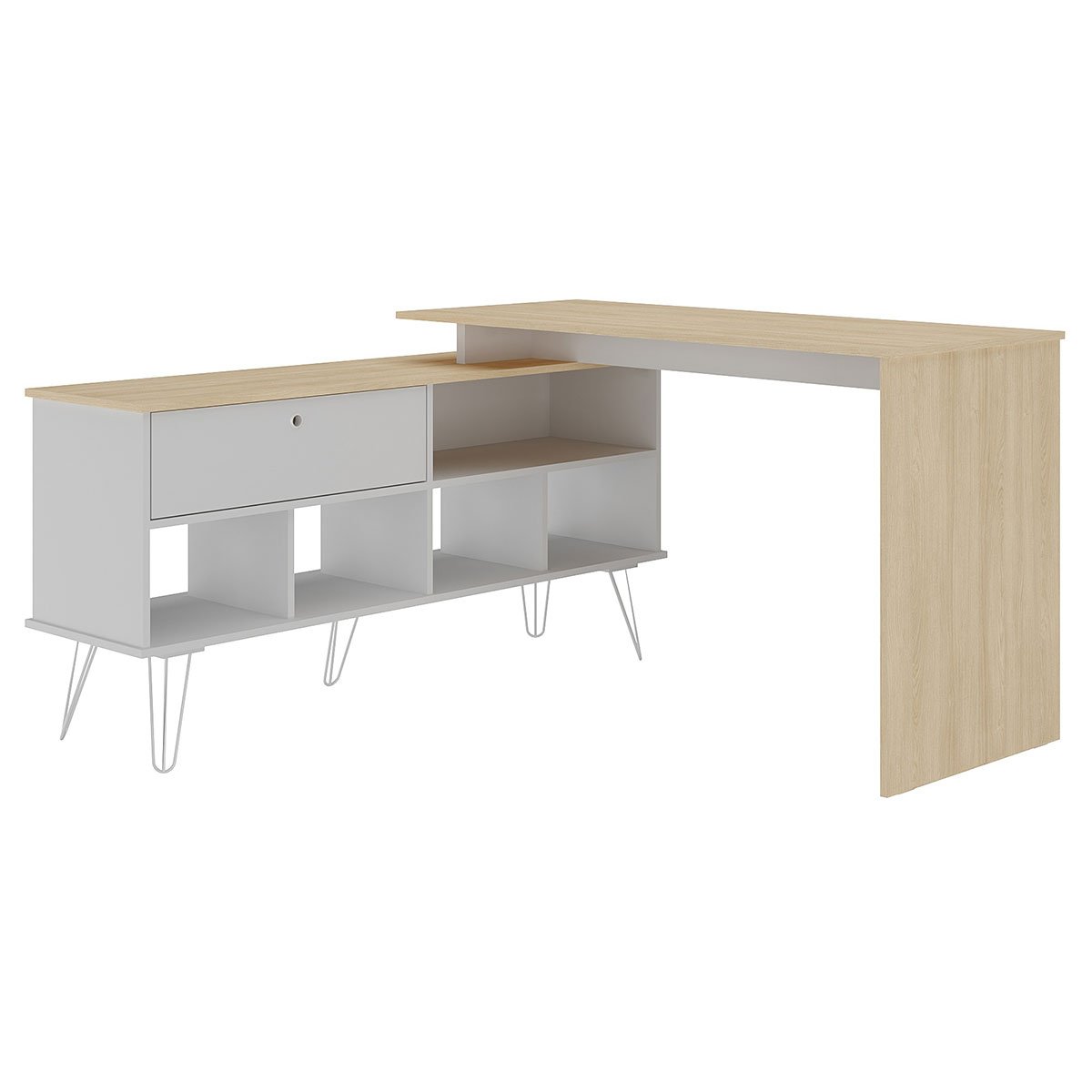 Mesa Escrivaninha em L com Porta e 6 Nichos Hawaii Carvalho/Branco