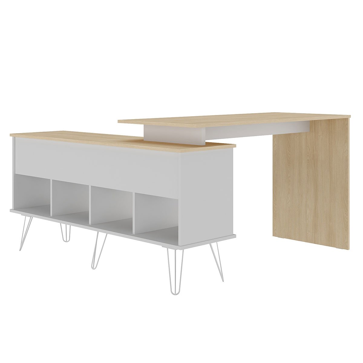 Mesa Escrivaninha em L com Porta e 6 Nichos Hawaii Carvalho/Branco