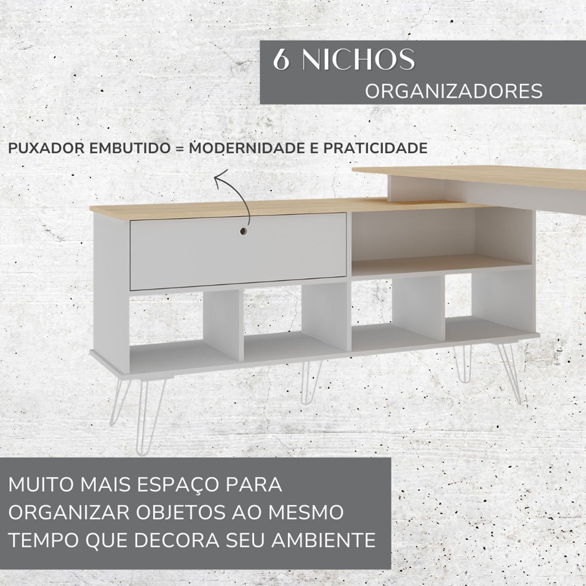 Mesa Escrivaninha em L com Porta e 6 Nichos Hawaii Carvalho/Branco