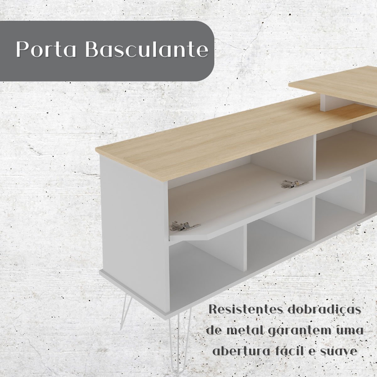 Mesa Escrivaninha em L com Porta e 6 Nichos Hawaii Carvalho/Branco