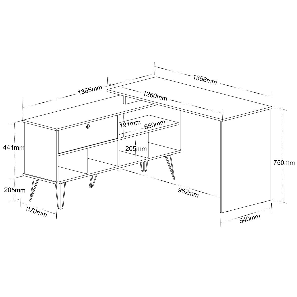 Mesa Escrivaninha em L com Porta e 6 Nichos Hawaii Ipê/Preto